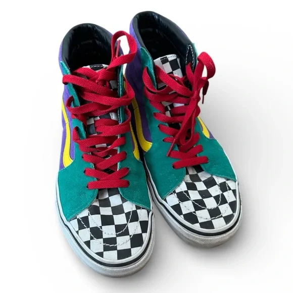Vans Sk8 Hi Top Shoes Custom 90s Theme Checkered Multicolor Skater Punk M6.5 W8 - Picture 3 of 8